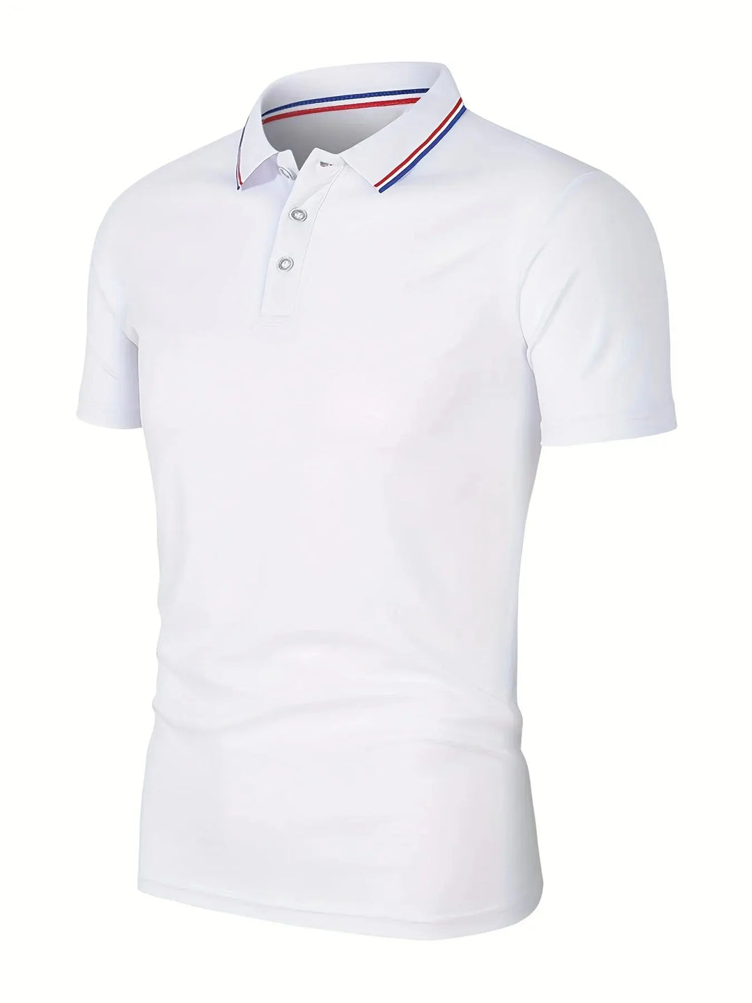 SmartGearPros breathable polyester polo shirt in white with button collar and striped detailing.
