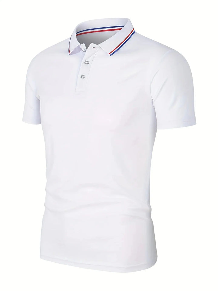 SmartGearPros breathable polyester polo shirt in white with button collar and striped detailing.