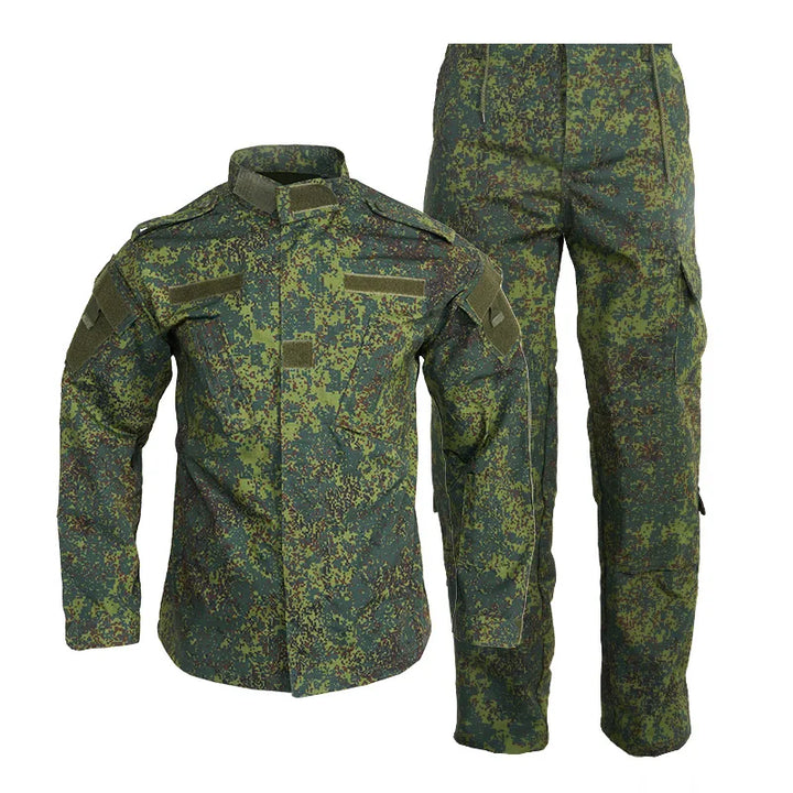 Camouflage military uniform with jacket and pants on a white background