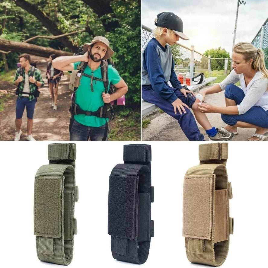 Collage of people outdoors with tactical pouches displayed below.