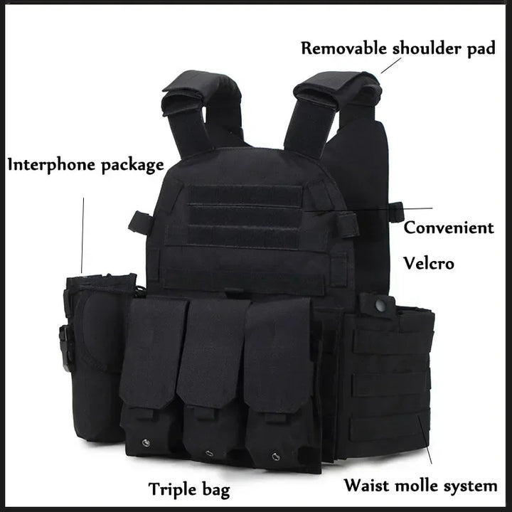 Black tactical vest with labeled features on a white background