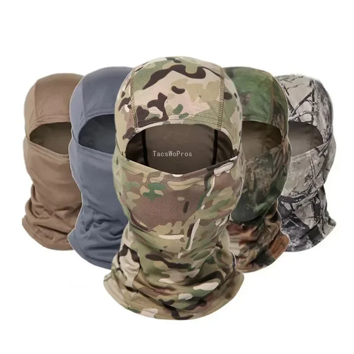 Set of camouflage balaclavas in various patterns on a white background