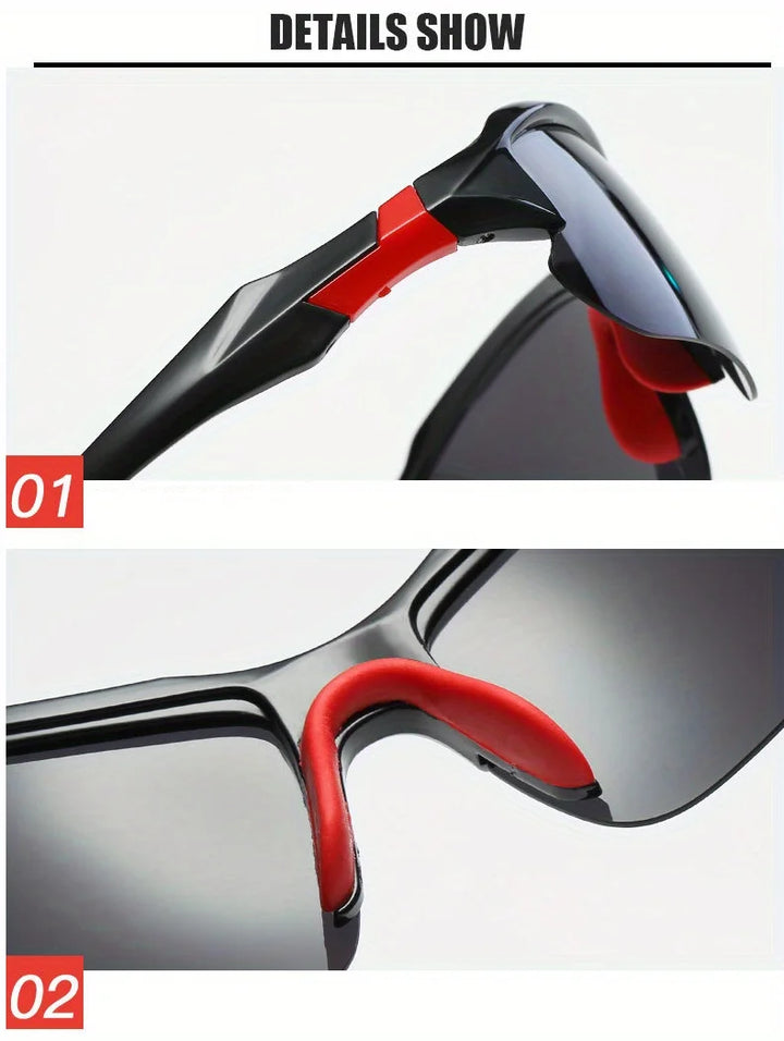 Sunglasses with black and red frame details on a white background