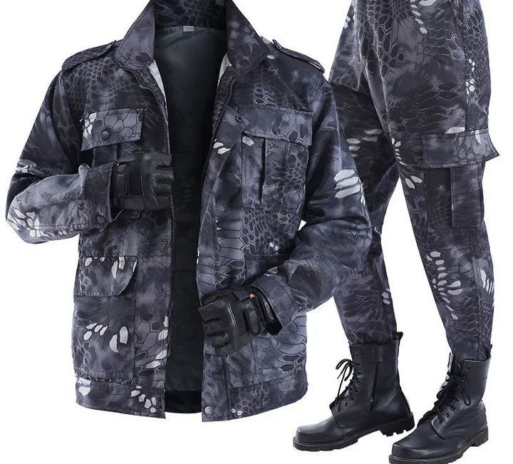 Camouflage military uniform with jacket, pants, and boots on a white background
