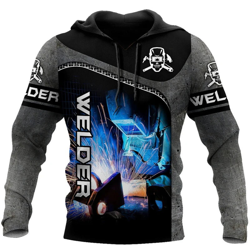 Front view of black welding graphic hoodie displayed on mannequin