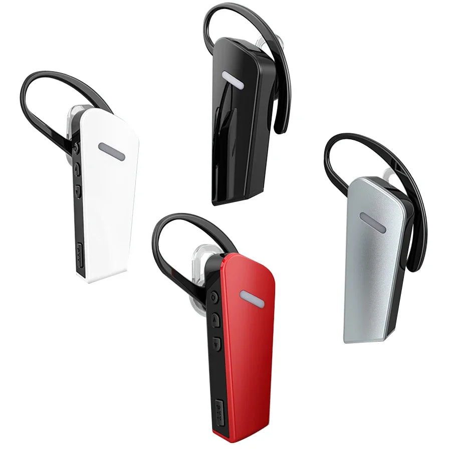 Four different colored Bluetooth headsets on a white background