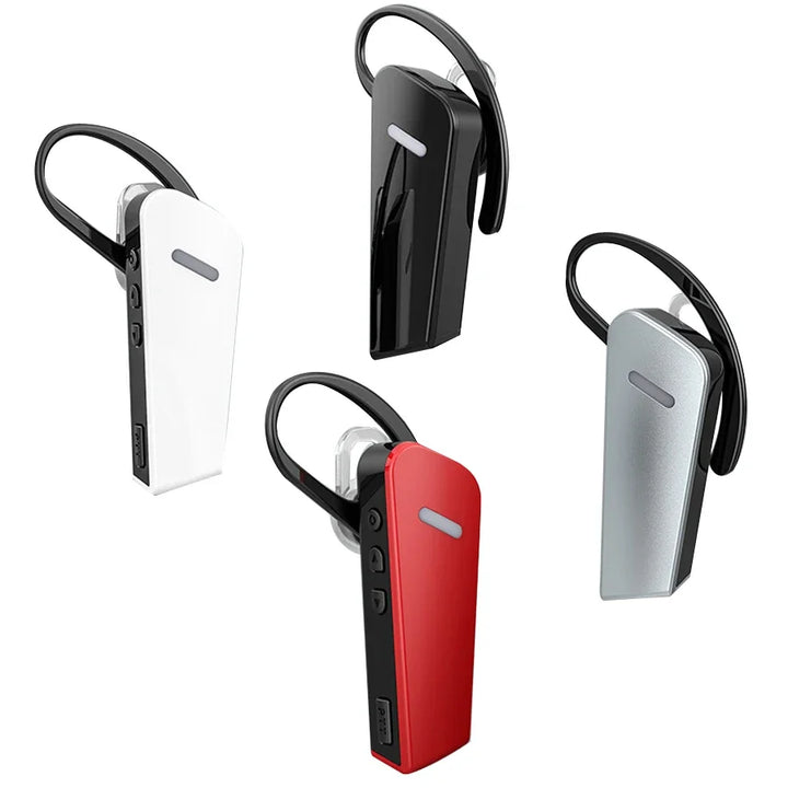 Four different colored Bluetooth headsets on a white background