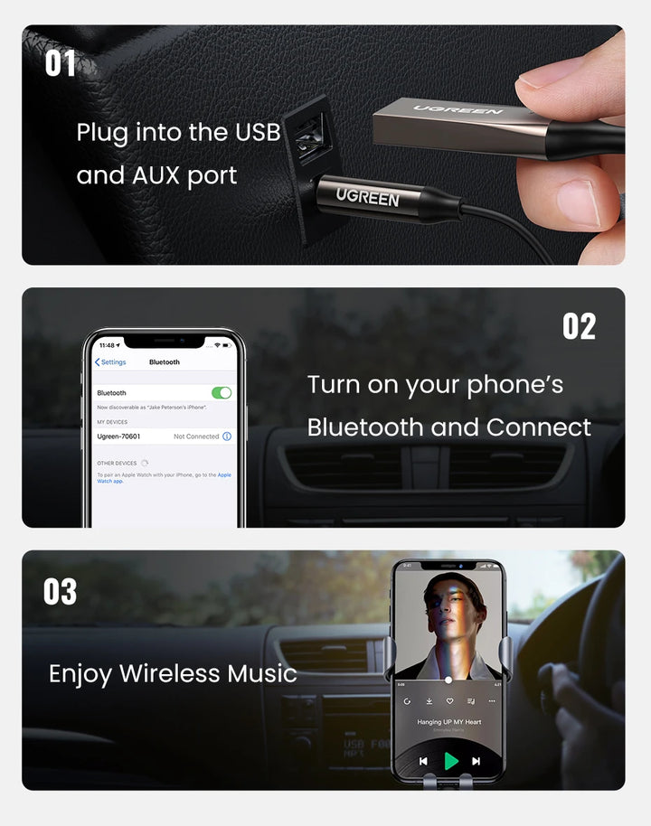 Ugreen Bluetooth Receiver 5 3 Adapter Hands Free Car Kits Aux Audio 3 5Mm Jack Music Wireless Receiver For Car Bt Transmitter product image showing features or usage