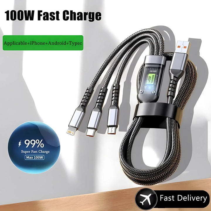 SmartGearPros OmniCharge 100W Cable – 3-in-1 Multi Charging Cord with USB-C, Lightning & Micro