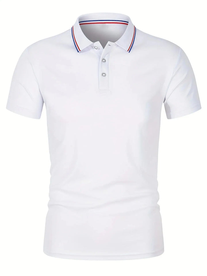 breathable polyester polo shirt in white with button collar and striped trim for casual wear