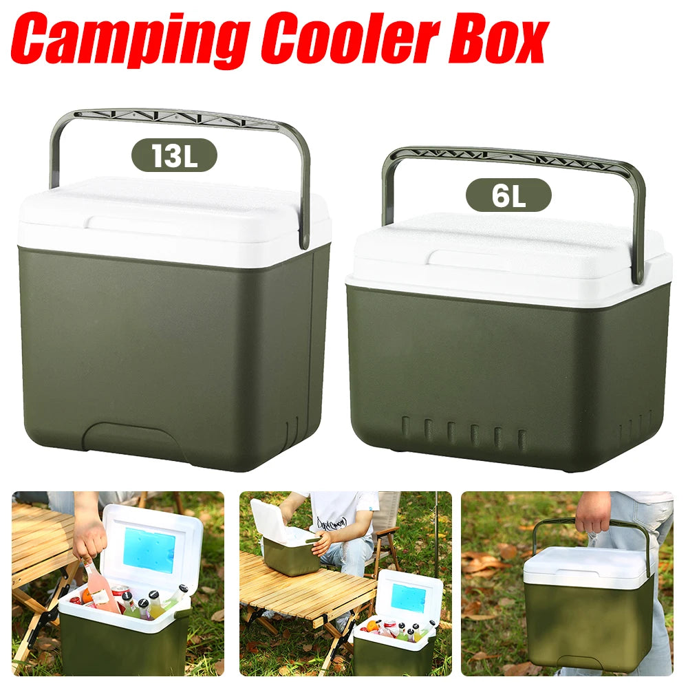 Two camping cooler boxes with capacity labels and usage examples on a white background.
