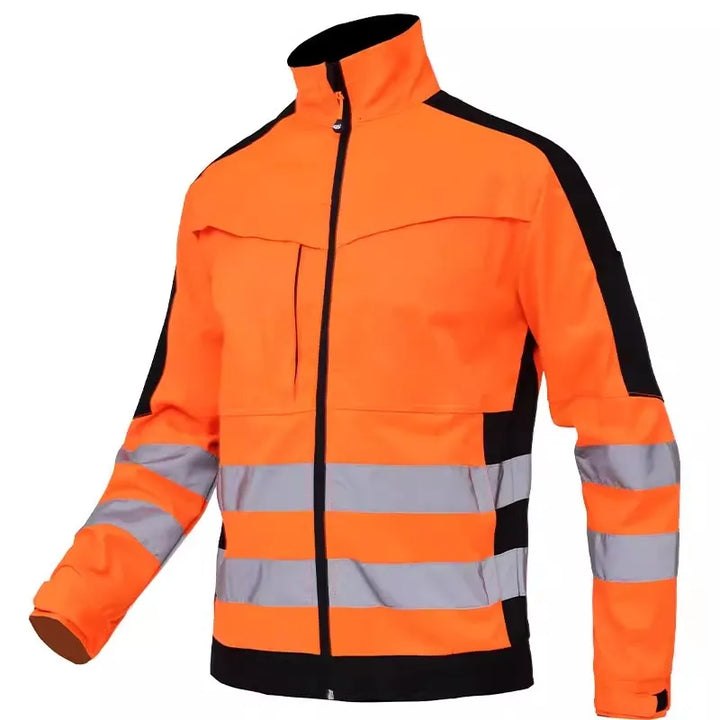 Orange safety jacket with reflective stripes on a white background
