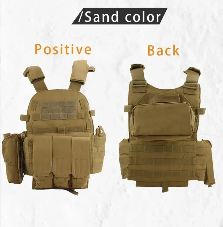 Tactical vest shown from front and back on a white background with 'Sand color' label.