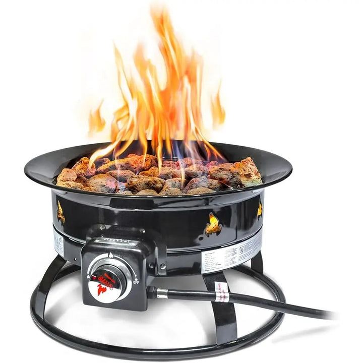 Portable gas stove with flames and food on a white background