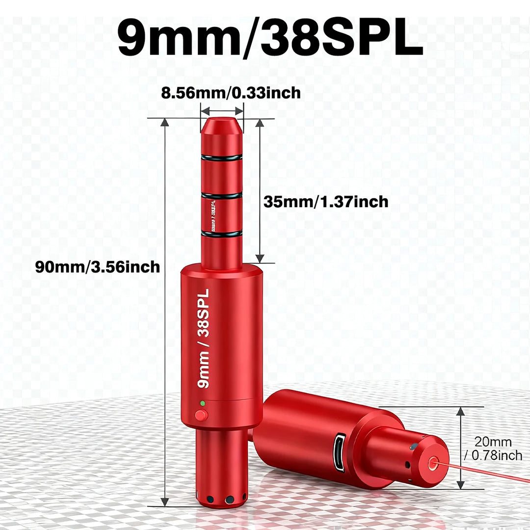 Red electronic device with measurements on a white background