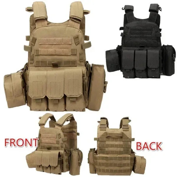 Tan and black tactical vests shown from front and back on a white background