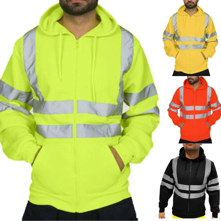 Collection of reflective safety jackets in various colors on a white background