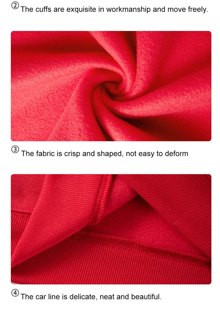 Close-up of red fabric with text describing its qualities