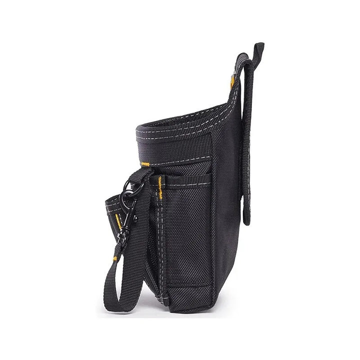 Tool pouch filled with screwdrivers, wrenches, and pliers