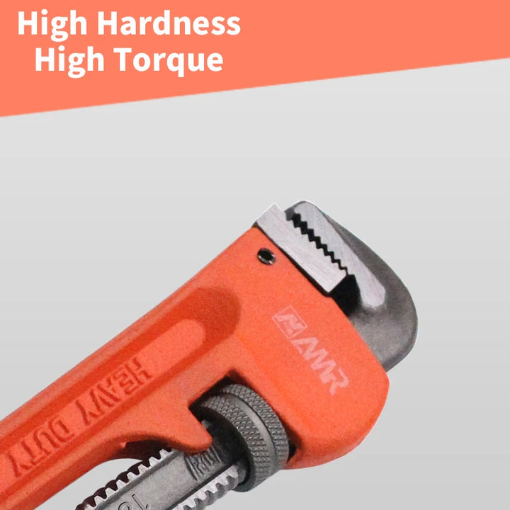 Orange pipe wrench with text 'High Hardness High Torque' on a light gray background