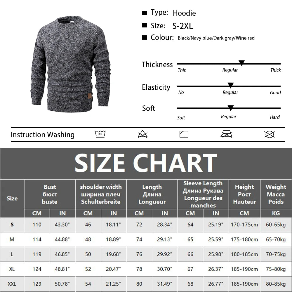 Hoodie with size chart and product details on a white background