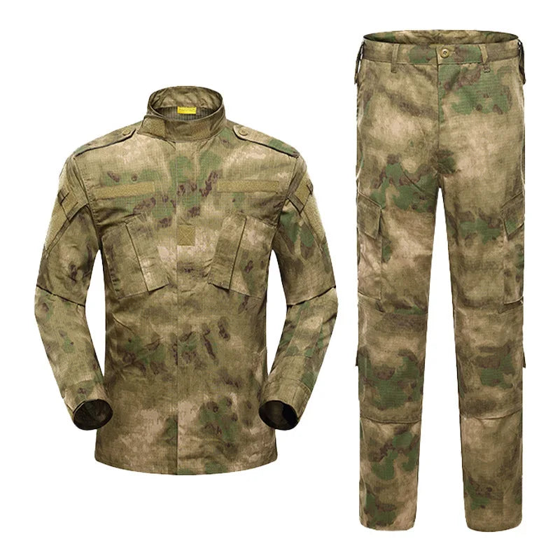 Camouflage military uniform with jacket and pants on a white background