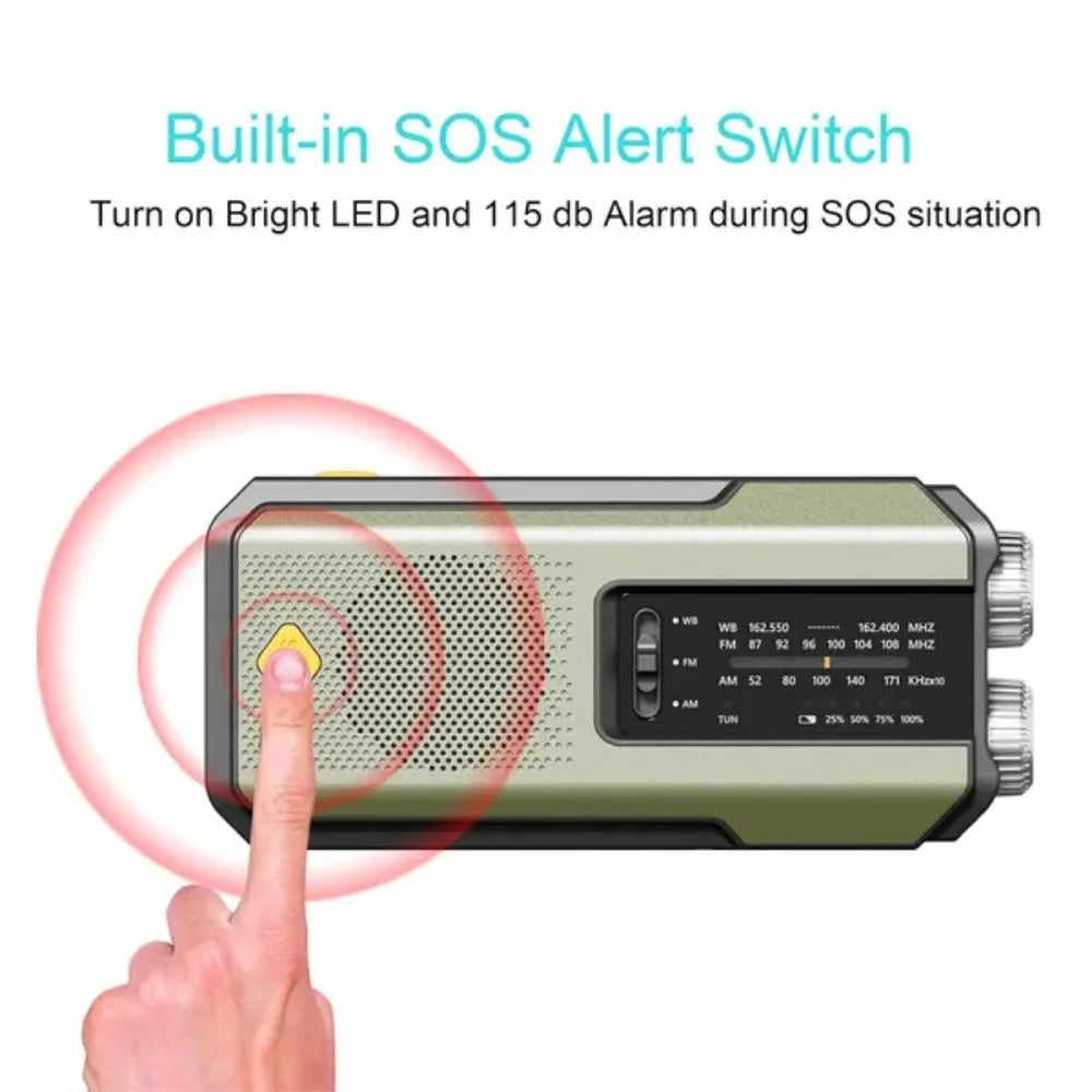 Hand pressing a button on a radio with SOS alert features highlighted