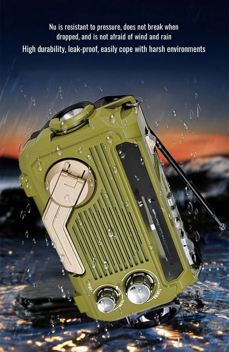 Green outdoor tool with water droplets on a mountain background