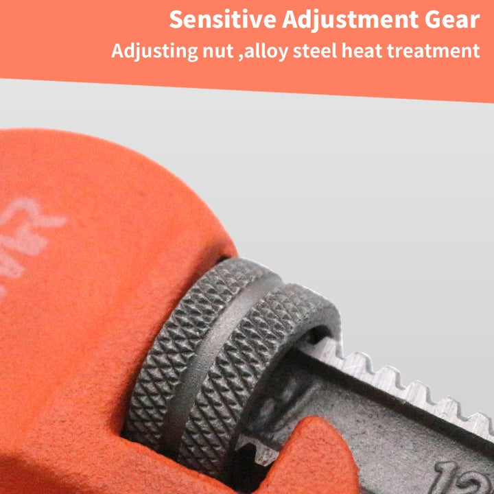 Close-up of a pipe wrench with an orange handle and metal adjustment nut, on a gray background.
