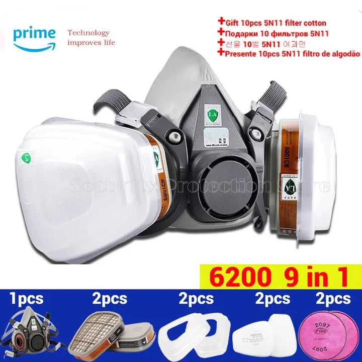 Respirator mask with filter cartridges and cotton on a white background, featuring Amazon Prime branding.