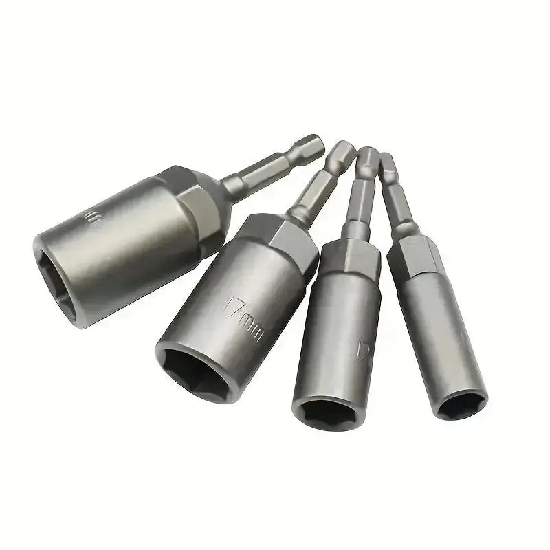 Set of metal drill bit adapters on a white background