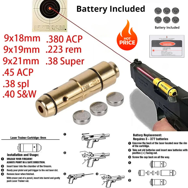 SmartGearPros Tactical 9mm/7.62x39 Training Laser Bullet - Dry Fire Bore Sight Snap Cap