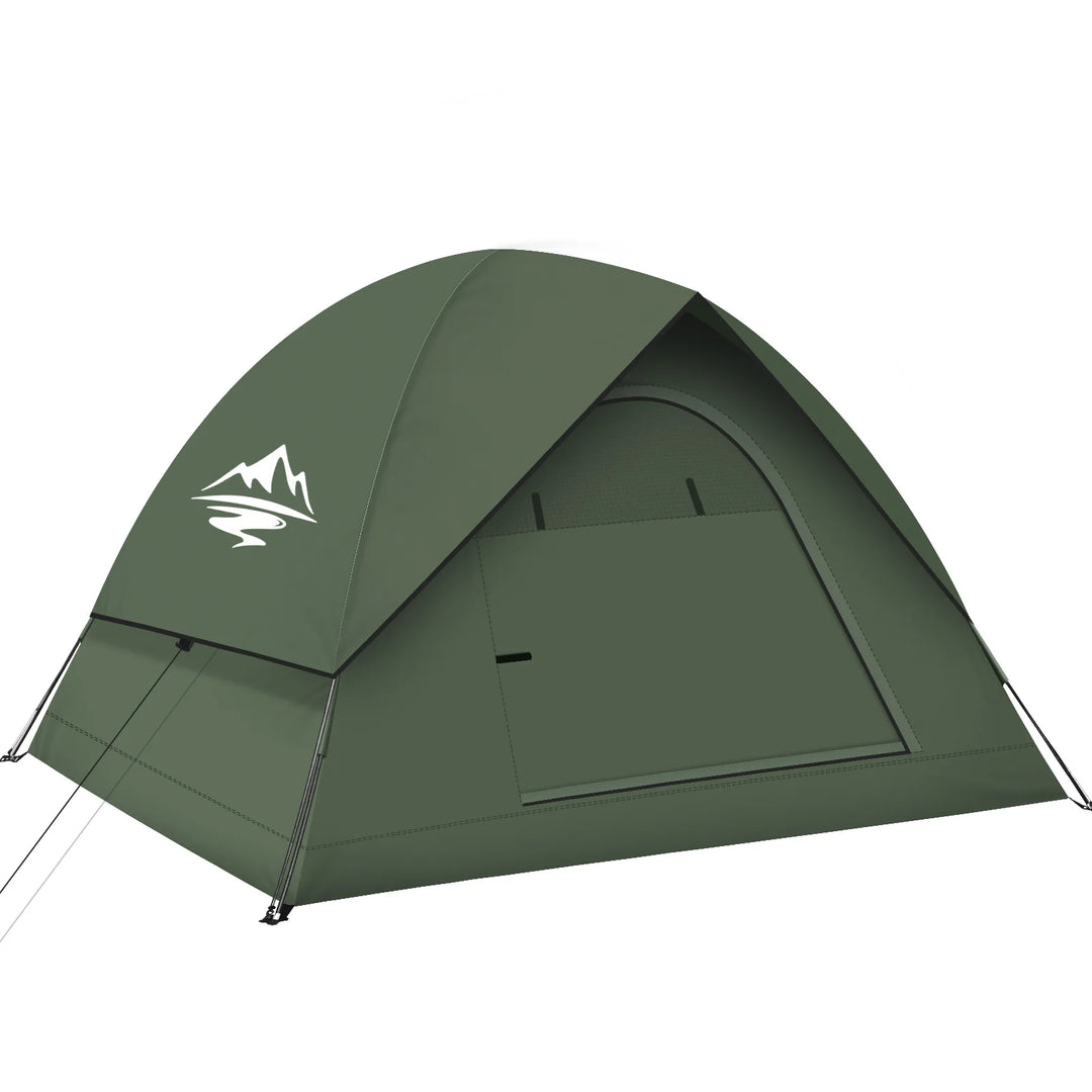 Green camping tent with a logo on a white background