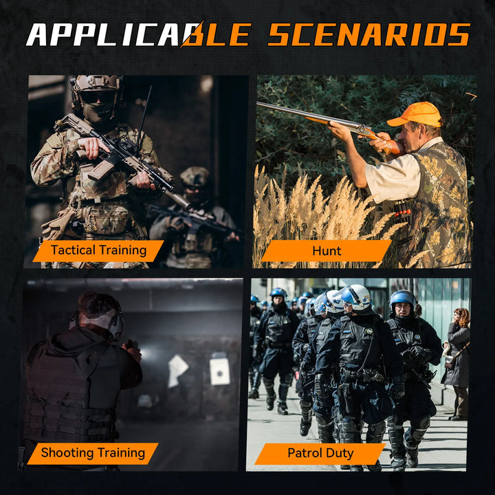 Four scenarios including tactical training, hunting, shooting training, and patrol duty with corresponding images.