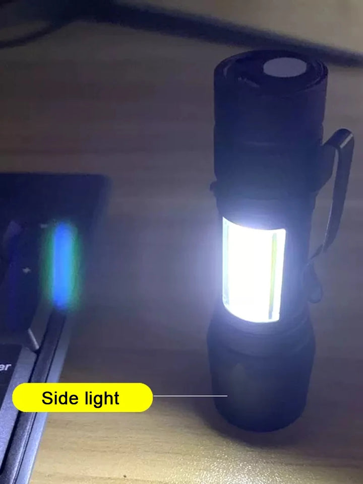 LED flashlight used for camping in dark wooded area