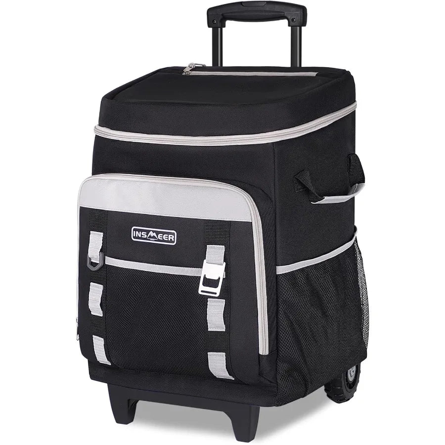 Black rolling cooler bag with white accents on a white background
