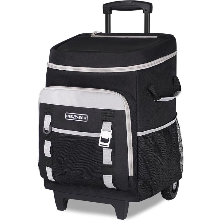 Black rolling cooler bag with white accents on a white background