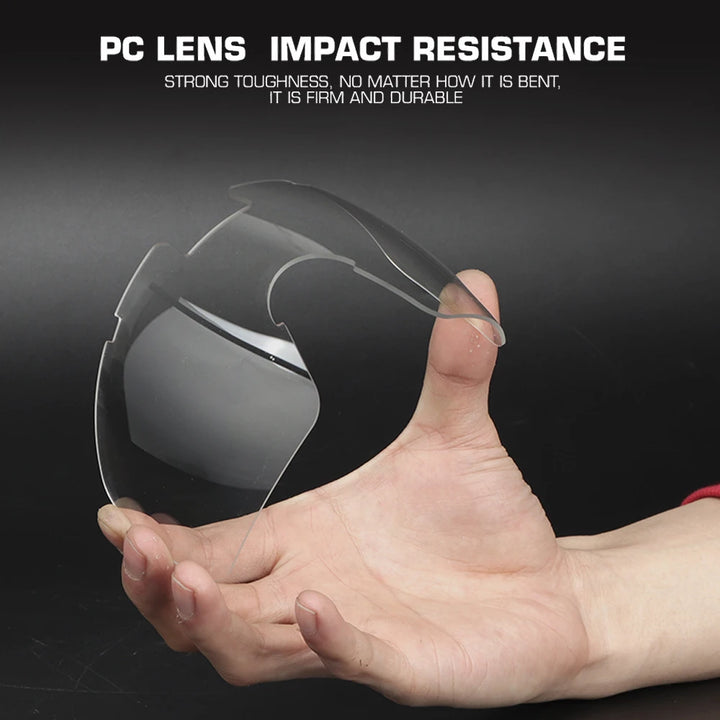 Clear PC lens held in a hand with text about impact resistance on a dark background