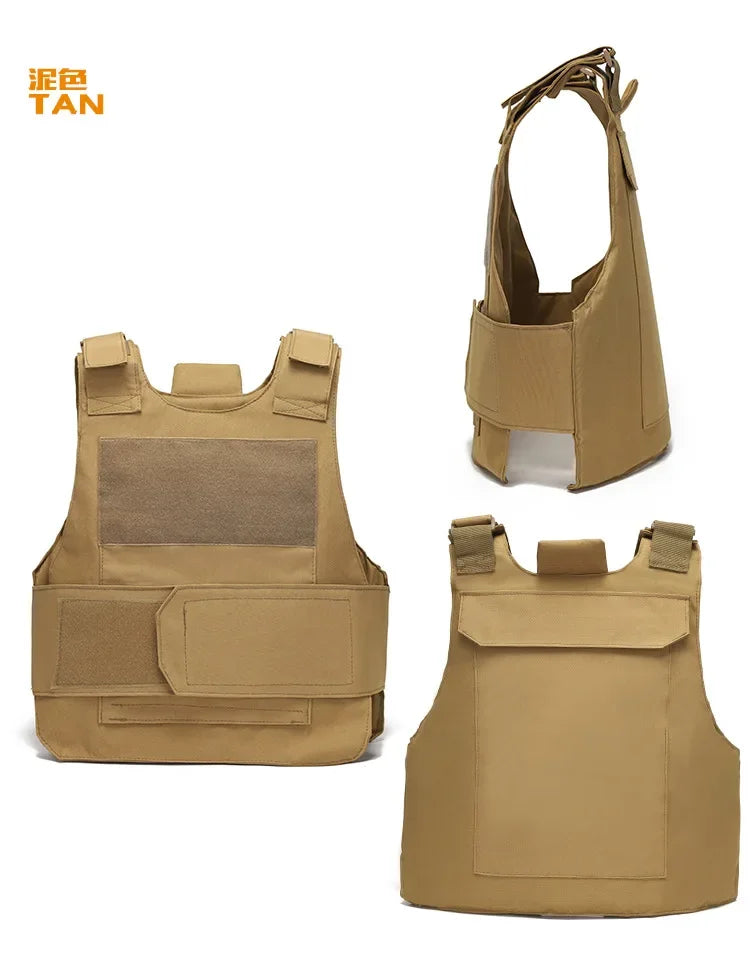 Tan tactical vest shown from multiple angles on a white background