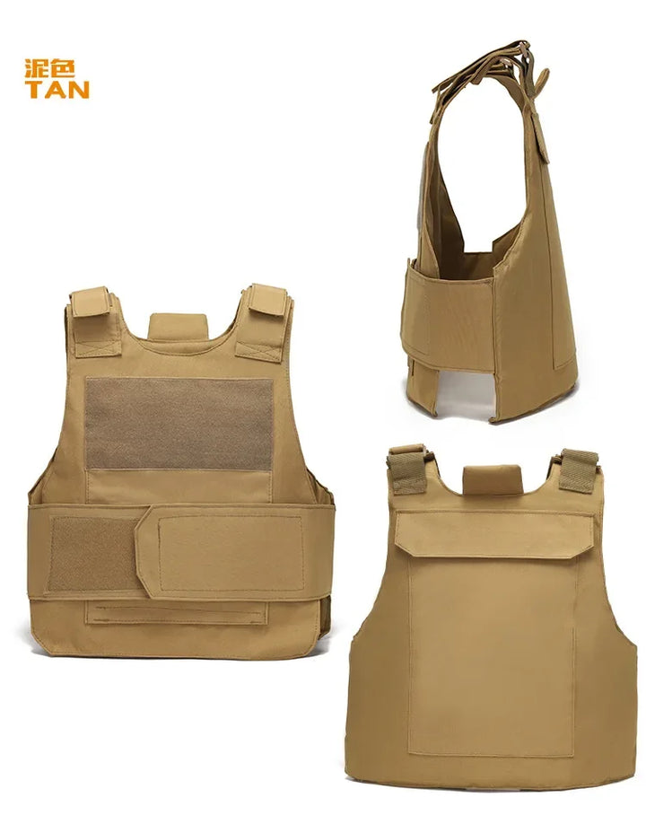 Tan tactical vest shown from multiple angles on a white background