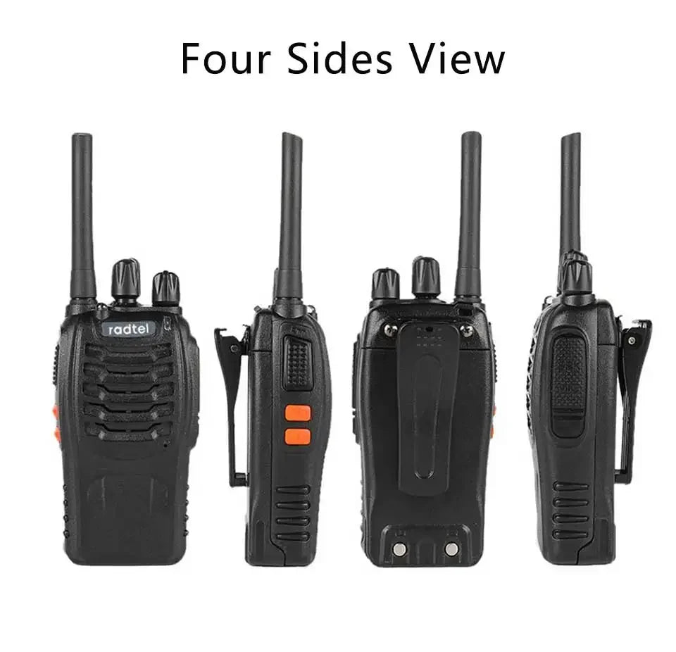 Four walkie-talkies shown from different angles on a white background with 'radtel' branding.