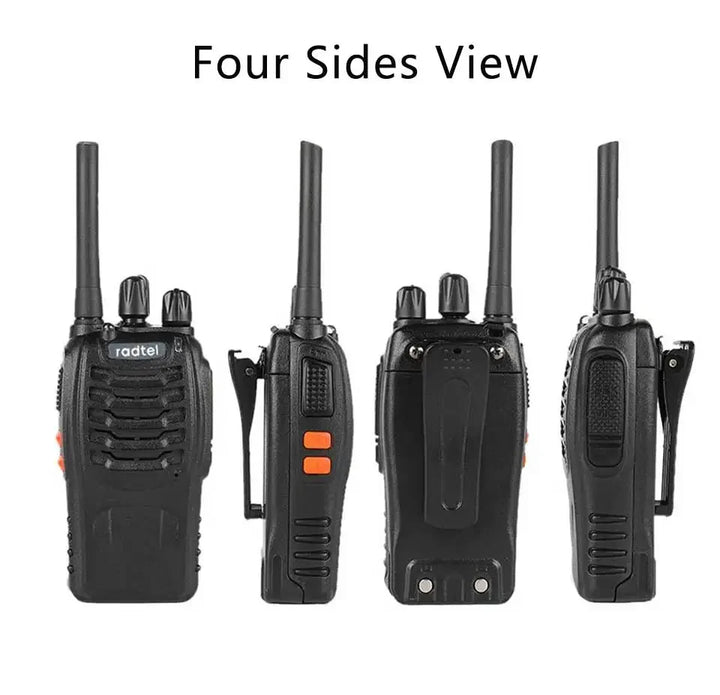 Four walkie-talkies shown from different angles on a white background with 'radtel' branding.