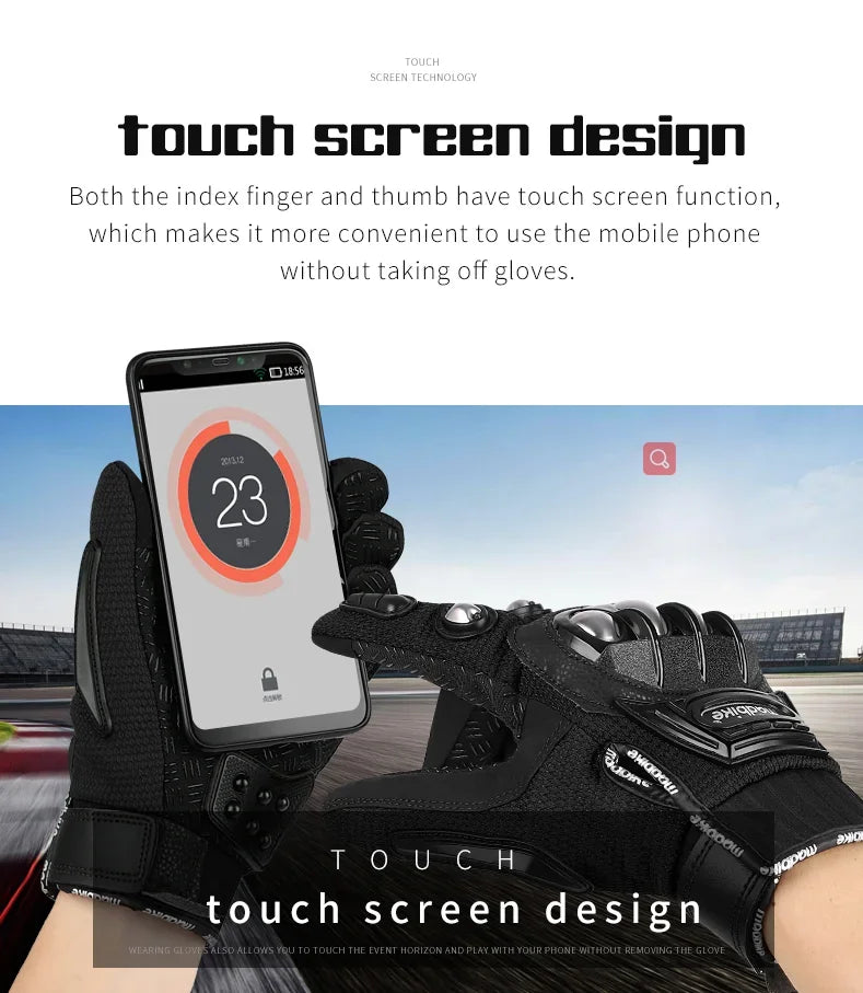 Black touchscreen gloves with a smartphone held between them, on a blurred race track background.