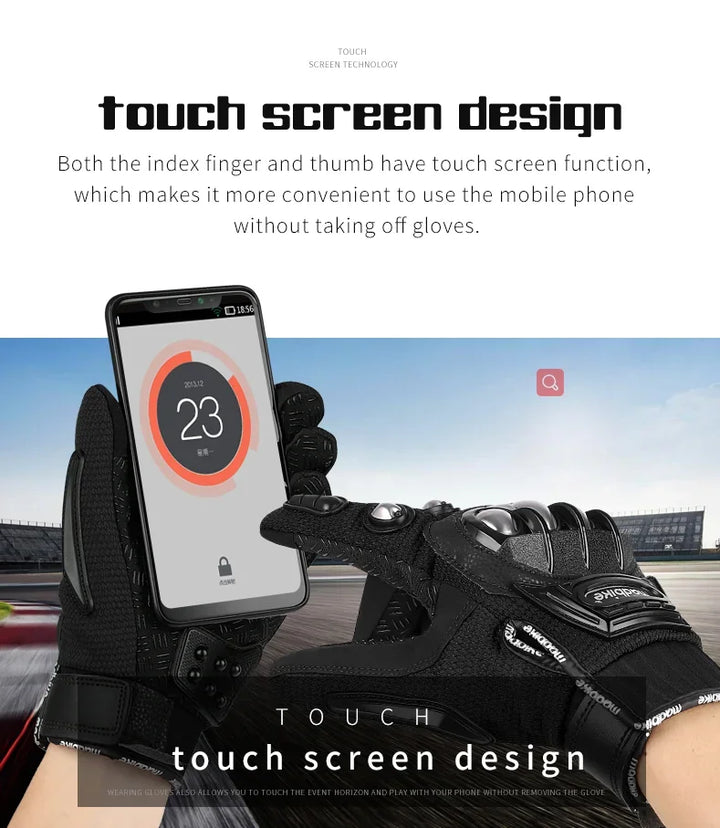 Black touchscreen gloves with a smartphone held between them, on a blurred race track background.