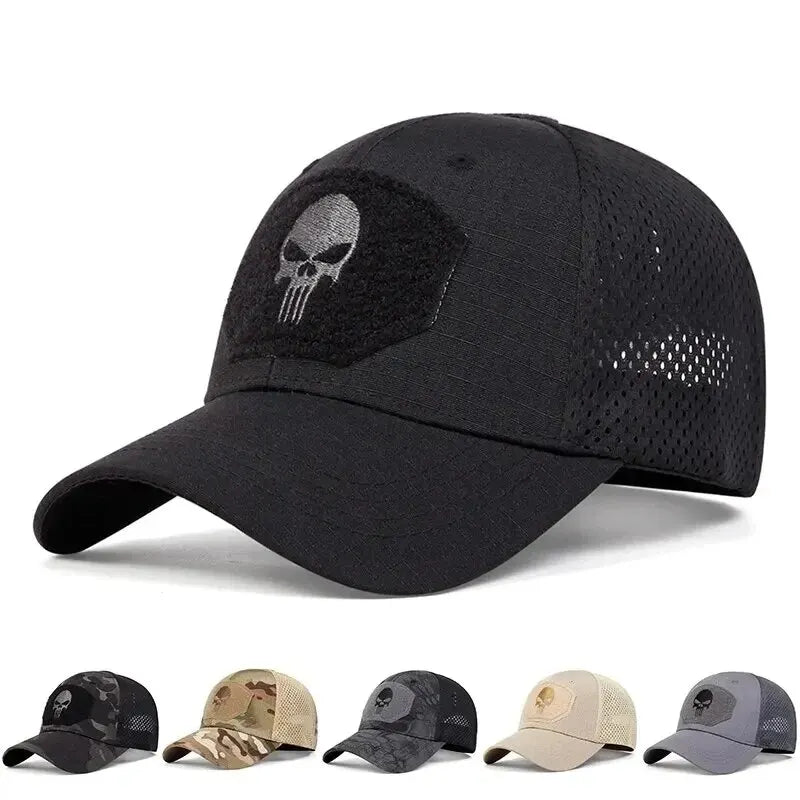 Black cap with skull patch and six color variations displayed below on a white background