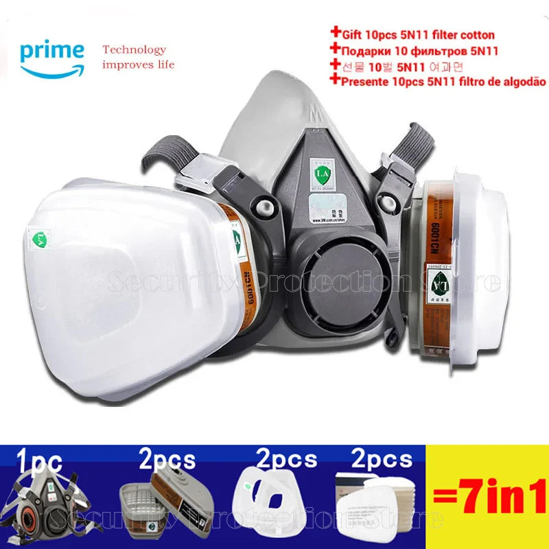 7-in-1 respirator mask set with filters and Amazon Prime logo on a white background