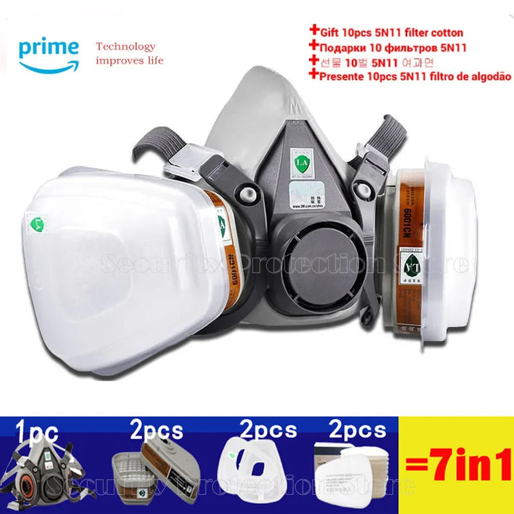 7-in-1 respirator mask set with filters and Amazon Prime logo on a white background