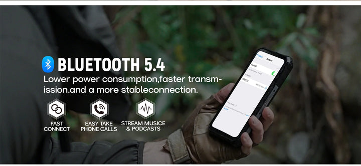 Hand holding a smartphone with Bluetooth 5.4 features displayed on screen