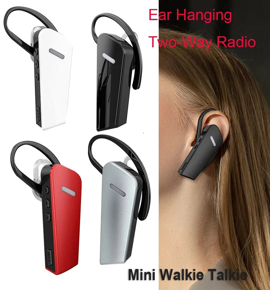 Mini walkie talkie with ear hanging design in various colors, including black, red, and silver. One image shows a person wearing the device.