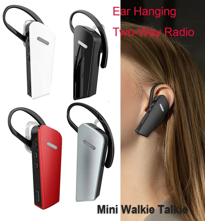 Mini walkie talkie with ear hanging design in various colors, including black, red, and silver. One image shows a person wearing the device.